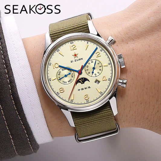 SEAKOSS Automatic Mechanical Wristwatch 1963 with Seagull ST1654 Movement 24H-Hour Display Air Force Pilot Calendar Men's Watches