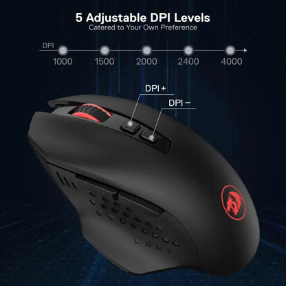 Rato Gaming Sem Fios Redragon M656 Gainer, 4000 DPI 2.4Ghz, Rato Gamer Sem Fios com 5 níveis de DPI, 7 botões macro, retroiluminação LED vermelha