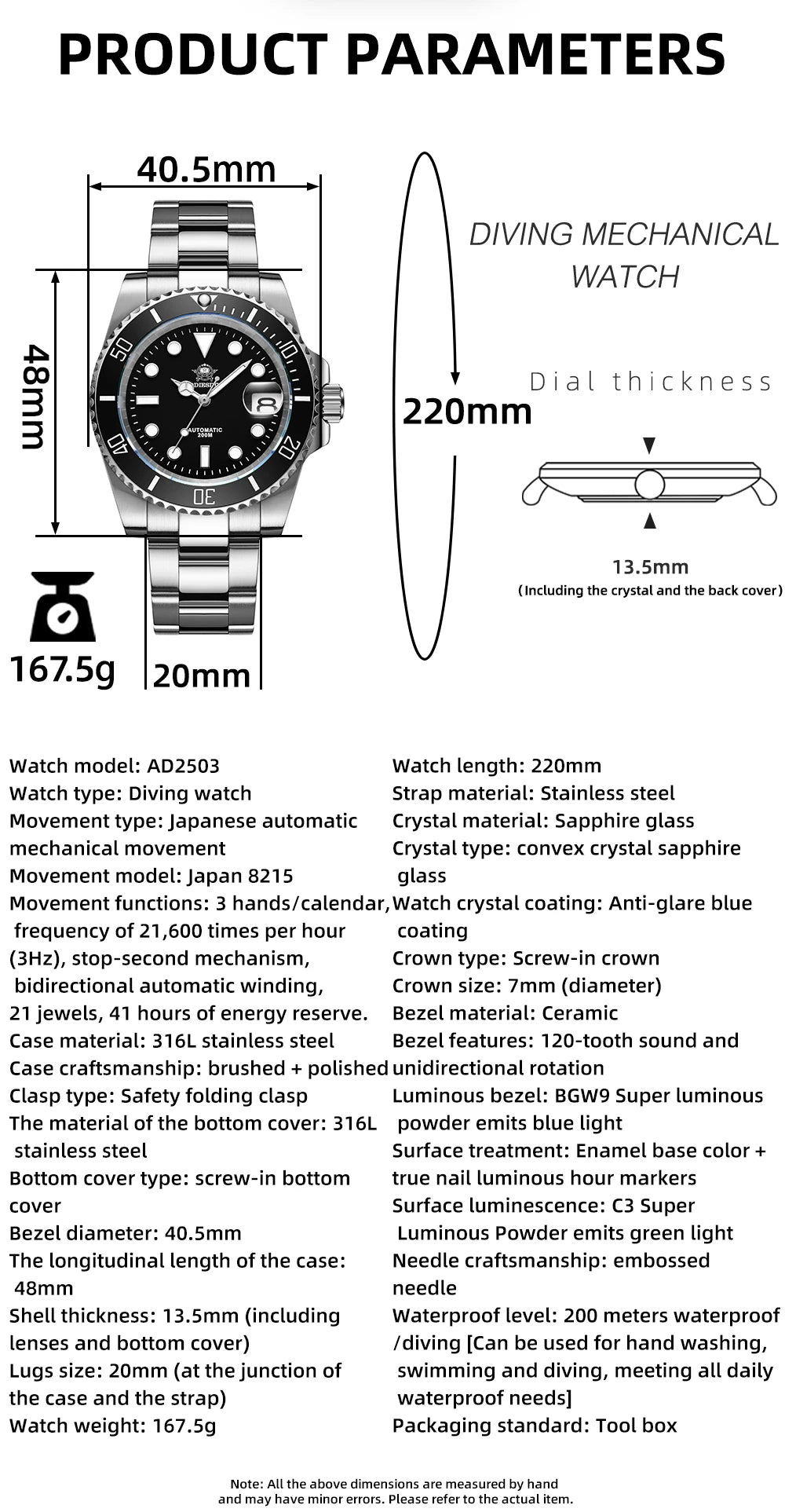 Relógio automático de luxo para homem ADDIESDIVE 8215, relógio mecânico luminoso BGW9 com vidro de safira, relógio de mergulho analógico para homem AD2503