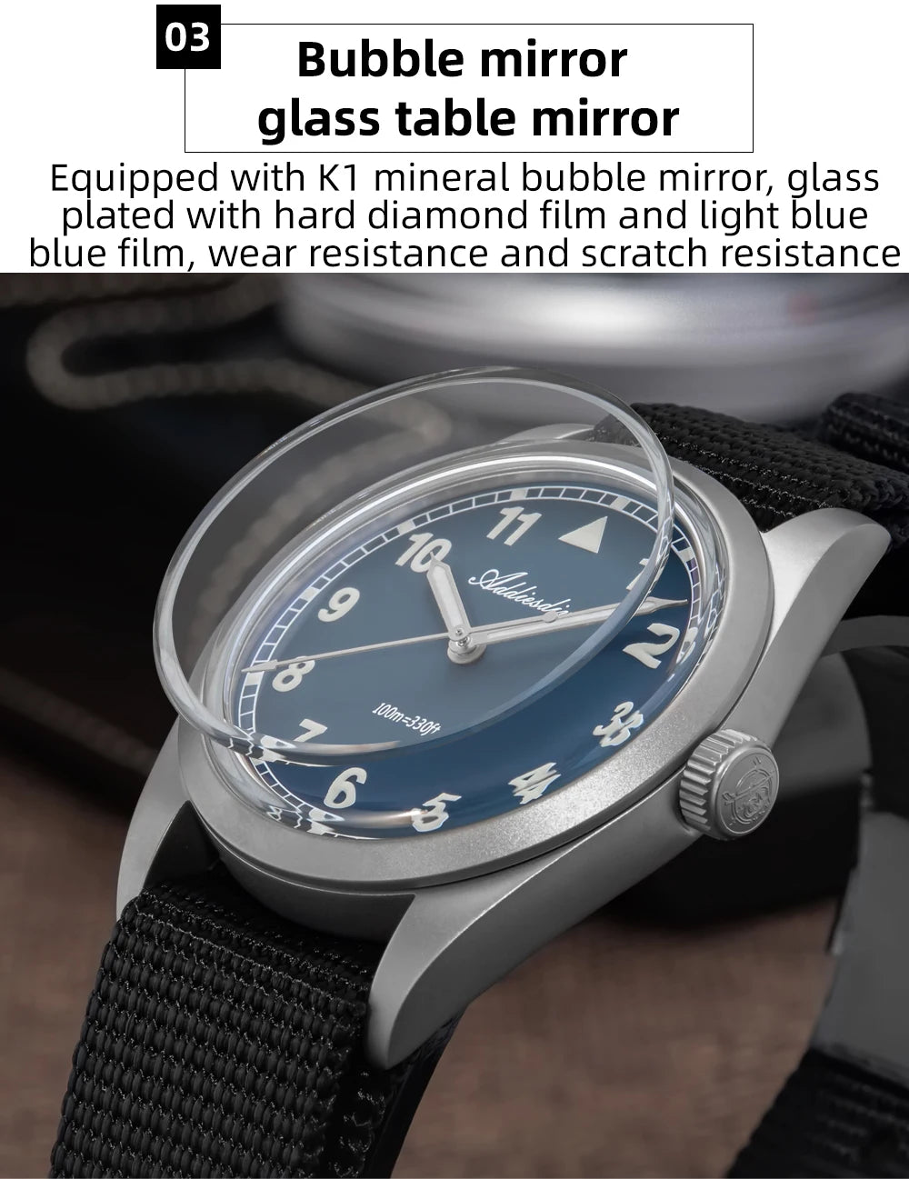 Relógio analógico masculino ADDIESDIVE 36mm com vidro espelhado bolha, 100m à prova de água, luminoso, simples, em quartzo, com bracelete em nylon