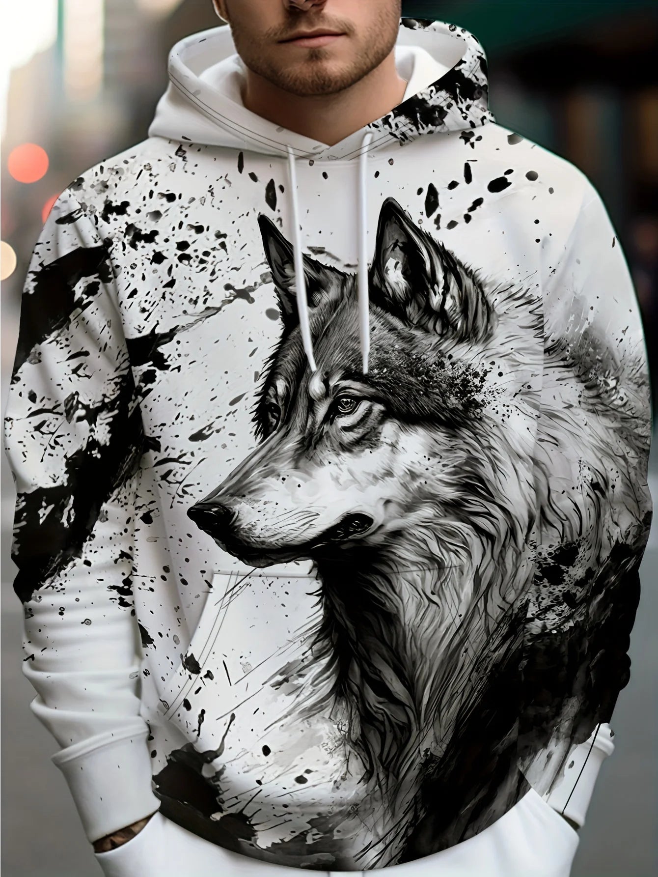 Herren-Outdoor-Hoodie mit 3D-Wolf-Grafik, Streetwear-Kapuzenpullover mit Fronttasche und Designer-Sweatshirt-Stil