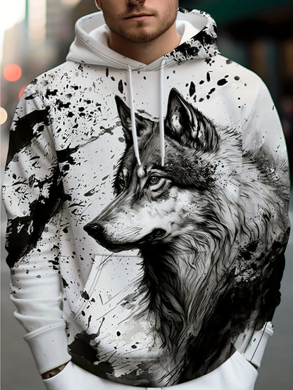 Herren-Outdoor-Hoodie mit 3D-Wolf-Grafik, Streetwear-Kapuzenpullover mit Fronttasche und Designer-Sweatshirt-Stil