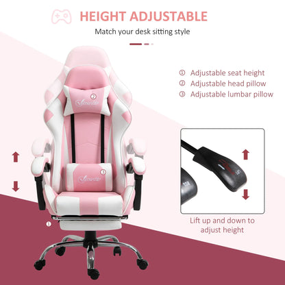 Gaming chair computer chair ergonomic office chair with headrest lumbar pad height adjustable 360° rotation pink + white