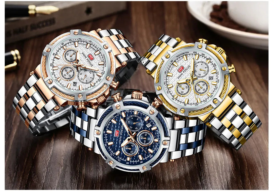 MINI FOCUS Black Stainless Steel Quartz Watch Men Fashion Luminous Dress Wristwatch with Date 24-hour Display Chronograph 0470