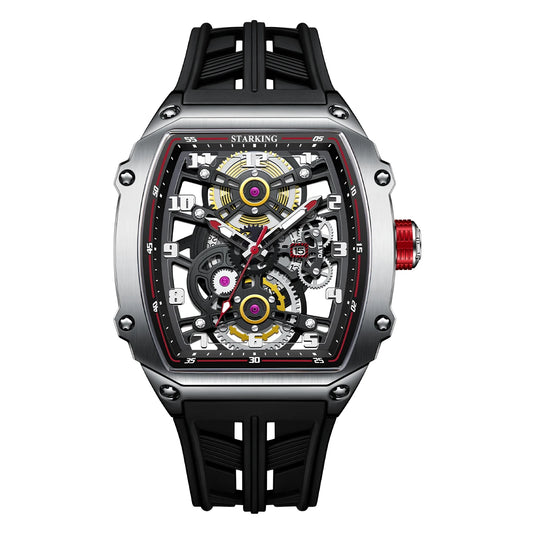 STARKING Luxury Men’s Automatic Mechanical Watch Skeleton Dial Silicone Band Tonneau Design Waterproof Luminous Sport Wristwatch