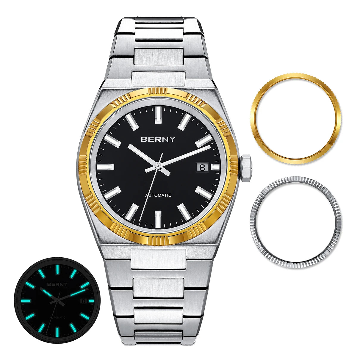 BERNY men’s automatic watch, gold-coloured, sapphire crystal, luminescent hands, 100% genuine, fitted with a PT5000 movement, anti-reflective coating, luxury model with interchangeable bezel, water-resistant to 5 ATM.