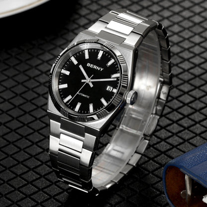 BERNY men’s automatic watch, gold-coloured, sapphire crystal, luminescent hands, 100% genuine, fitted with a PT5000 movement, anti-reflective coating, luxury model with interchangeable bezel, water-resistant to 5 ATM.