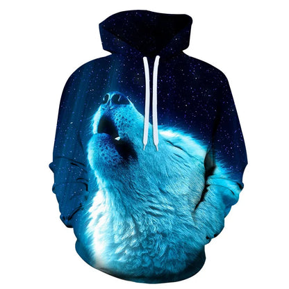 Herren-Hoodie mit Wolf-Grafik, 3D-Print, Outdoor- und Streetwear-Design, Kapuze und Fronttasche