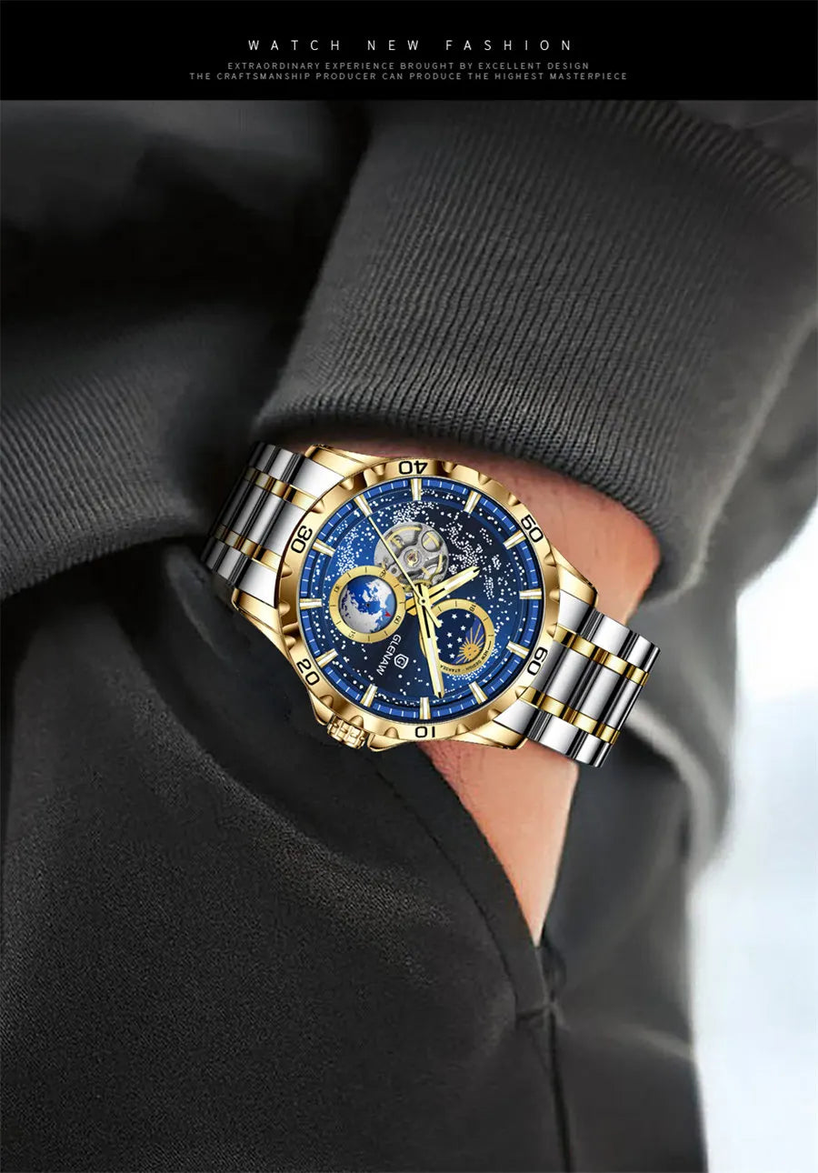 GLENAW Rotating Earth Double Second Hand WristWatch Men Automatic Mechanical Watch Starry Sky Stainless Steel Leather Watchband