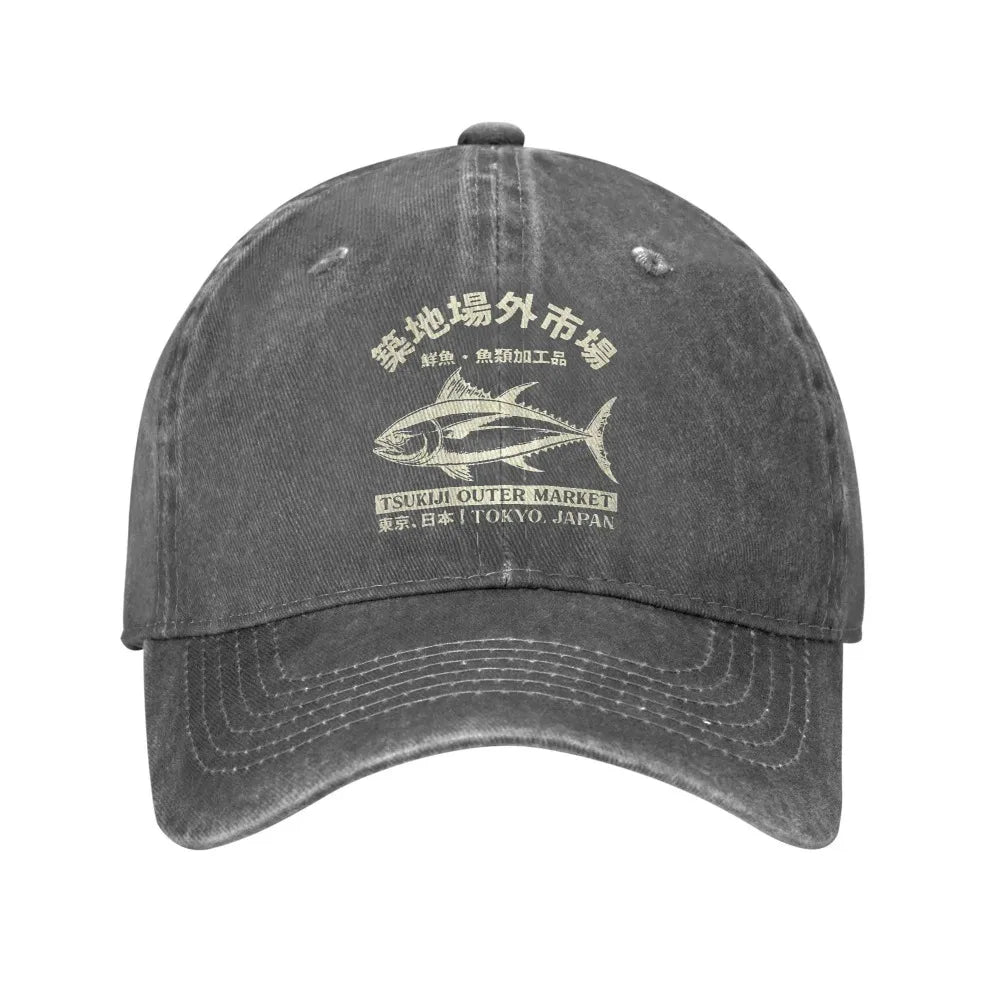 Japanilainen Tsukiji-kalamarkkinat -aiheinen, pesetty baseball-lippalakki, Tokyo, Japani, naisten ja miesten snapback-lippalakki
