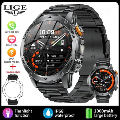 LIGE New Smart Watch Men 1000mAh Large Capacity Battery Outdoor Flashlight Bluetooth Call Waterproof Sport Fitness Smartwatch