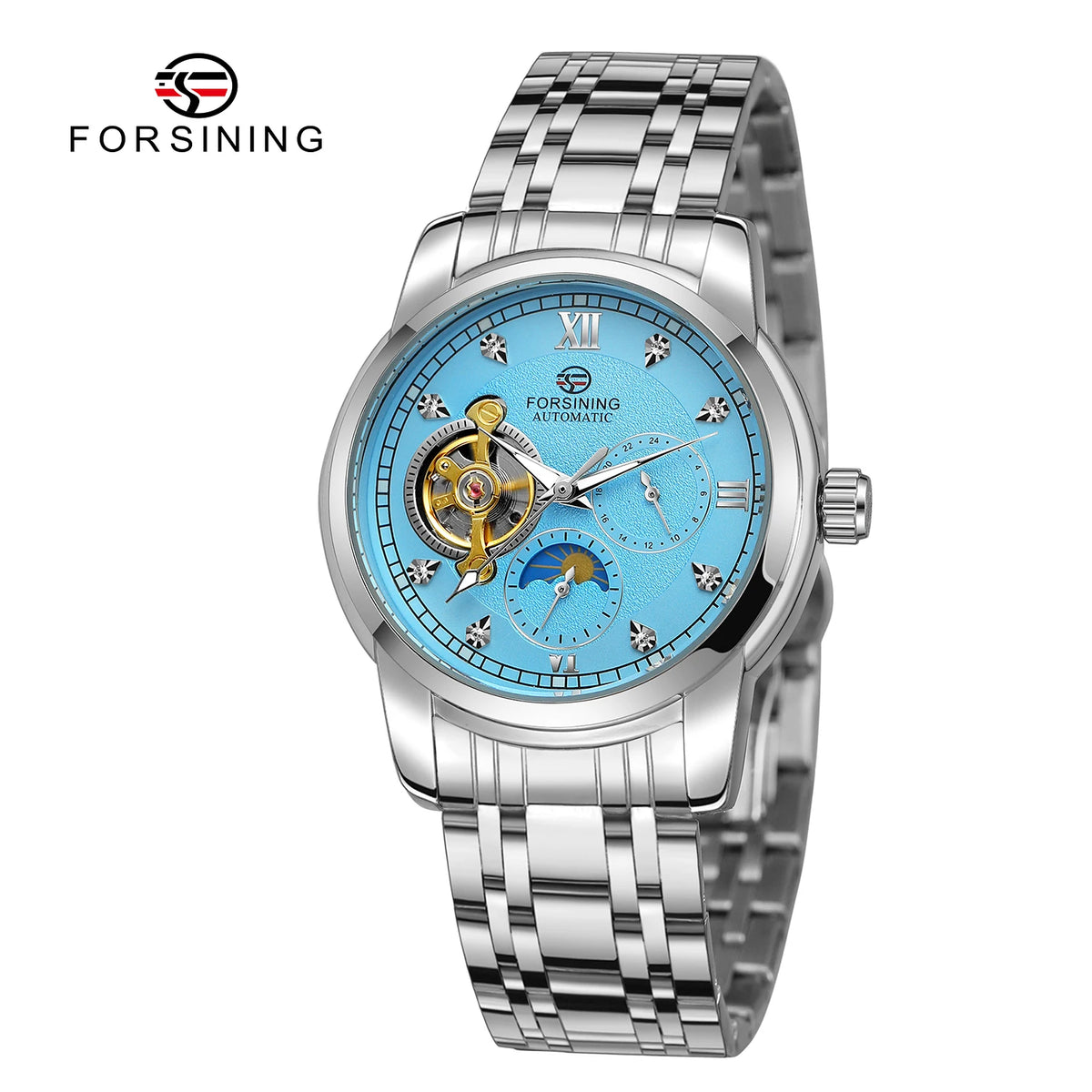 Forsining mekanisk automatisk herreur – Luksus-, forretnings- og modestil, metalarmbånd, tourbillon, selvlysende visere, prydet med syntetiske diamanter