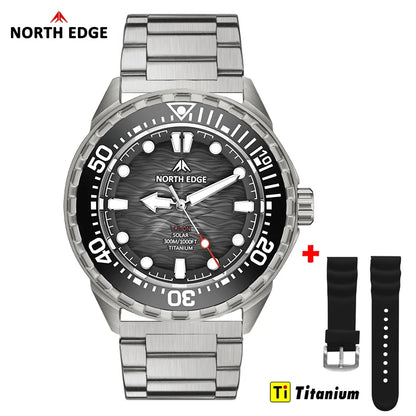NORTH EDGE TRITON-TI Titánové nerezové potápačské hodinky na solárny pohon Luxusné quartzové hodinky pre mužov Vodotesnosť 300 m Výdrž viac ako 180 dní