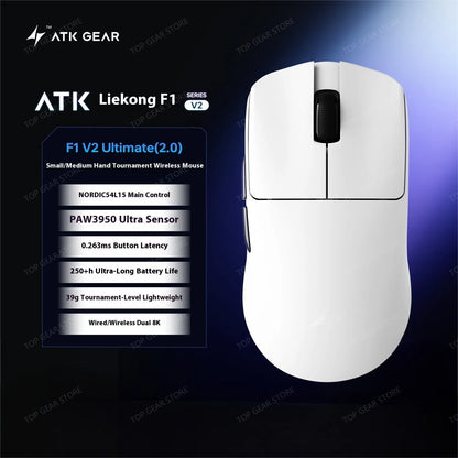 Bezdrátová herní myš ATK F1 V2 Ultra MAX Tri-mode PAW3950 Double 8k, lehká ergonomická e-sportovní myš, vlastní PC příslušenství