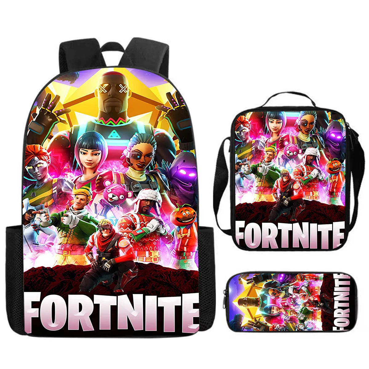 Cute Cartoon 3pcs Set School Backpack with Lunch Bag and Pencil Case, Large Anime Fortnite Kids School Bags for Boys and Girls