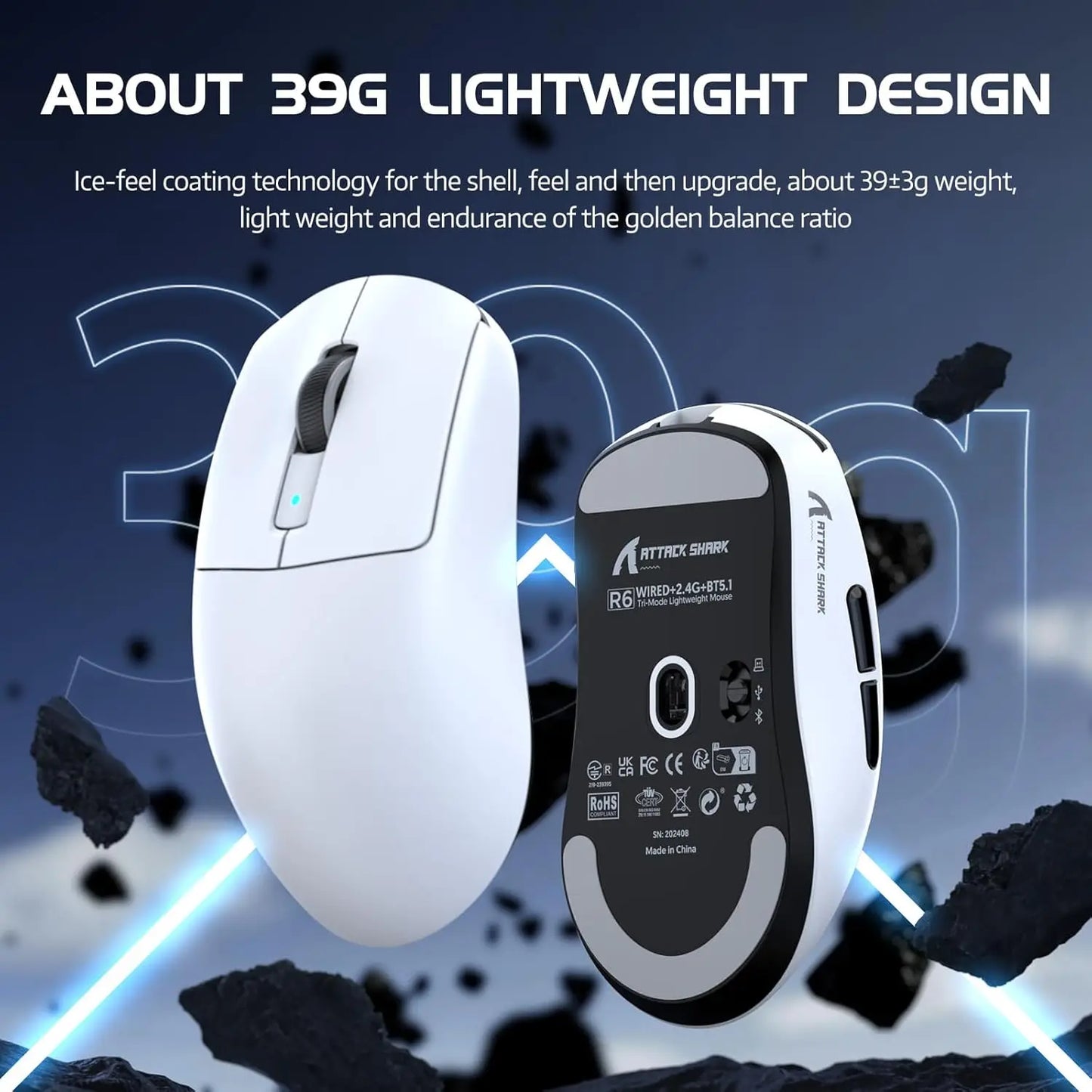 Rato Gaming Sem Fios Leve Attack Shark R6, Sensor PAW 3950Max para Computador com Nordic 52480, Polling 8KHz