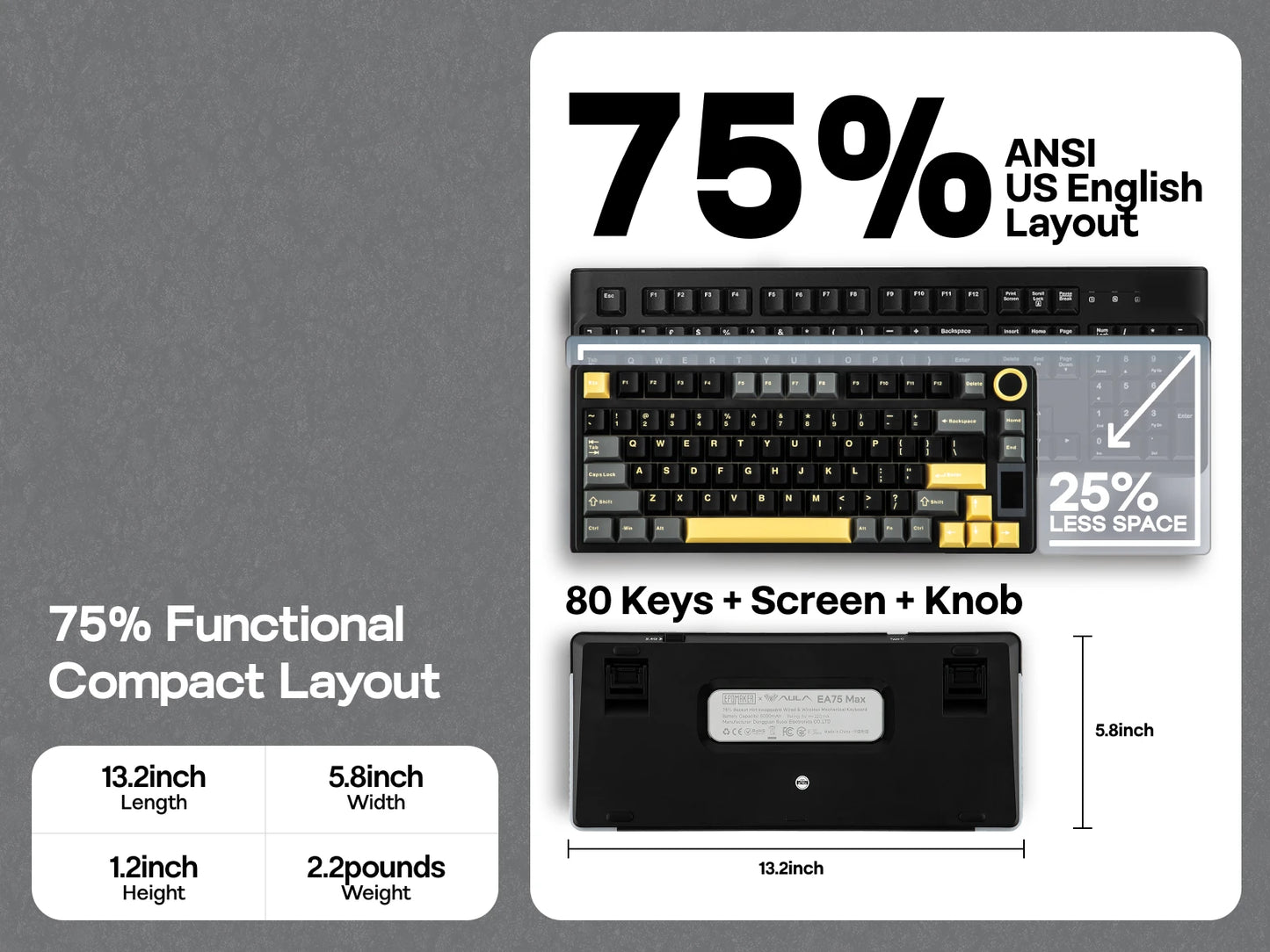 EPOMAKER X AULA EA75 MAX 75% ANSI-US-Layout Hot-Swap-Gasket kabelgebundene/BT/2.4GHz kabellose mechanische Tastatur mit Display & Drehregler