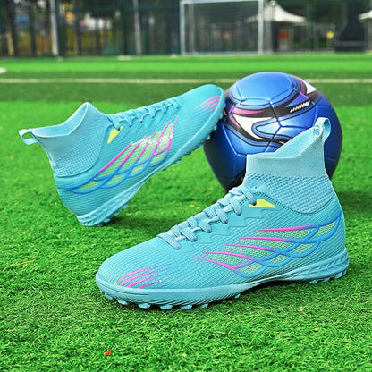 Chaussures de football à crampons TF pour terrain synthétique, modèle à tige haute et coupe ajustée, chaussures de football à lacets avec empeigne respirante en tissu, semelle en caoutchouc antidérapante et durable, ch