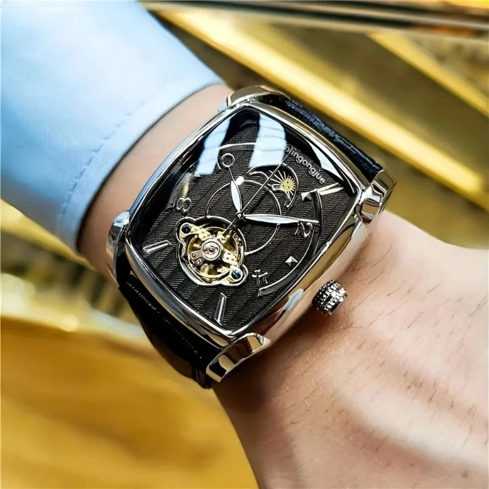[Luksusur med mekanisk tourbillon] Let luksusur med mekanisk tourbillon til mænd – Fuldautomatisk model i topklasse, trendy »skelet«-design, ideelt til et professionelt outfit o
