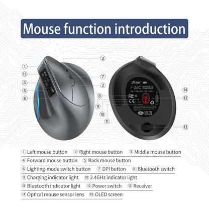 ZELOTES F-26C Vertical Mouse 2.4G Wireless Bluetooth Mouse Ergonomic Silent Gaming Mice 3200DPI LED Display Screen for PC Laptop