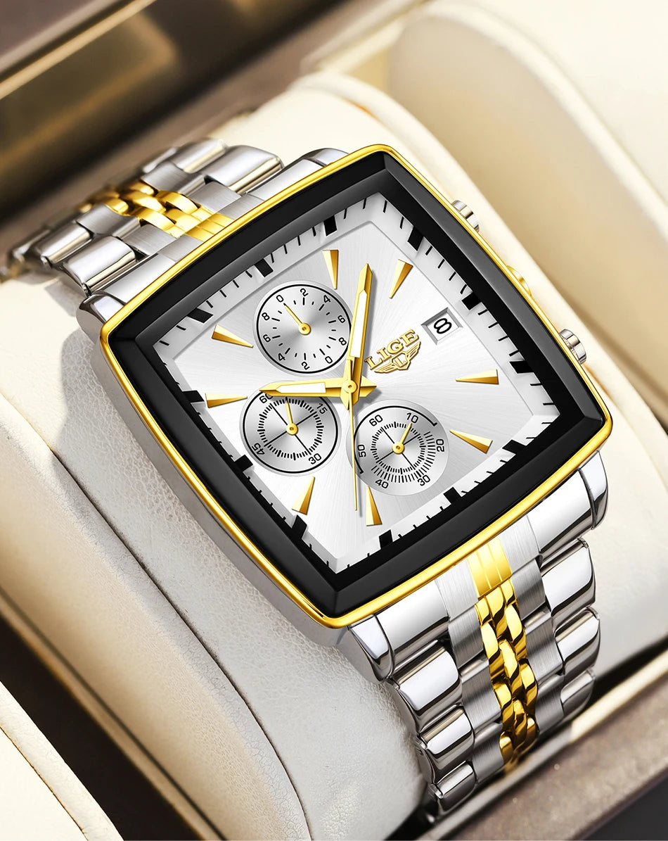 LIGE luxury men’s watches, square model, classic and trendy style, stainless steel, water-resistant, sporty and casual, with quartz movement.