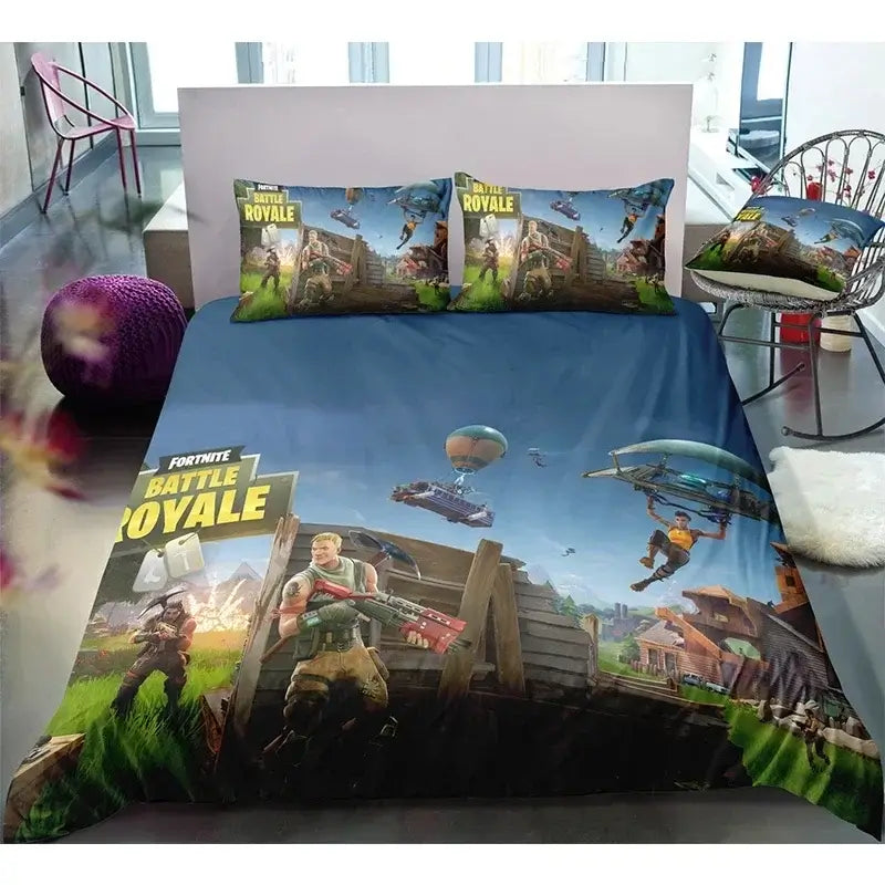 Спален комплект Fortnite с плик за завивка, 3 части, 3D принт, спално бельо за спалня, игра, аниме, анимационна калъфка за възглавница, декорация за стая, подаръци