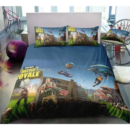 Спален комплект Fortnite с плик за завивка, 3 части, 3D принт, спално бельо за спалня, игра, аниме, анимационна калъфка за възглавница, декорация за стая, подаръци