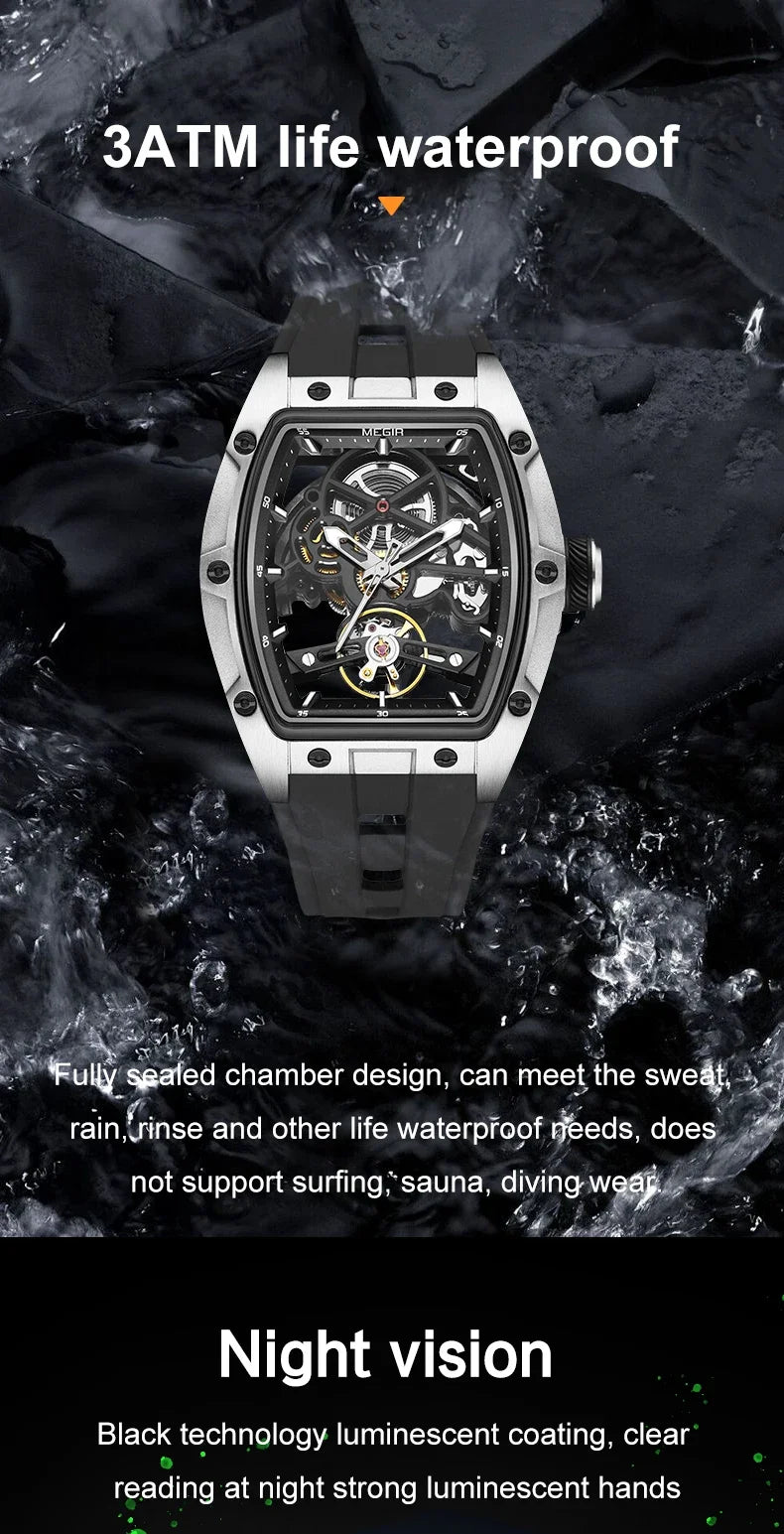 MEGIR Fashion Leisure Alloy Case Men Mechanical Watch Silicone Band Barrel Shaped Dial Luminous Pointer Design Man Wristwatch