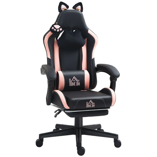Gaming chair with cat ears, tiltable backrest, retractable footrest, maximum load capacity 120kg, gaming chair, office chair,