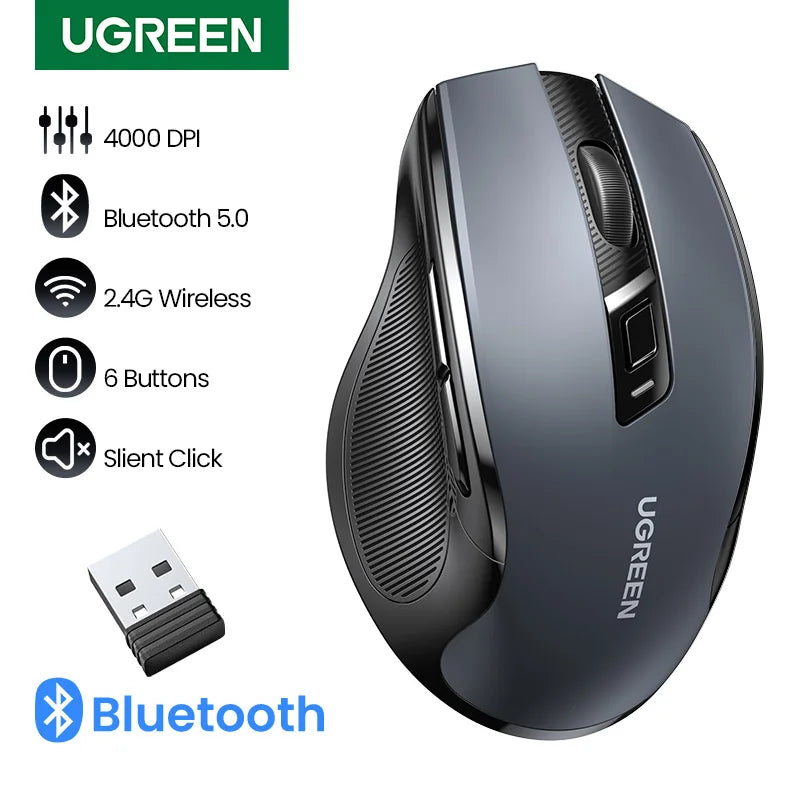 Rato sem fios UGREEN Bluetooth 5.0 ergonómico 4000DPI com 6 botões silenciosos para MacBook, tablet, portáteis, computador e PC, rato 2.4G
