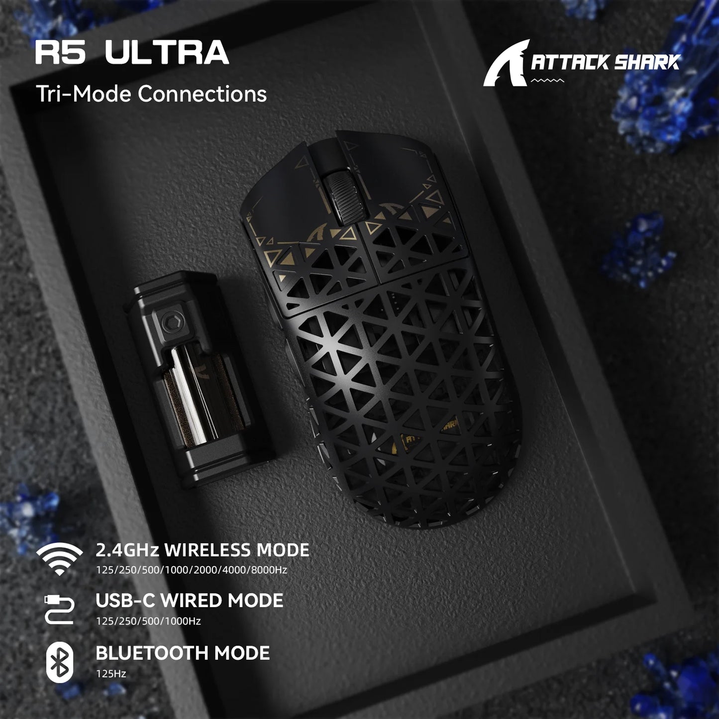 Mouse de gaming wireless ATTACK SHARK R5 Ultra 8K din fibră de carbon, cu senzor 42000 DPI-PAW3950 MAX - ultra-ușor, 39g, pentru Win/Mac