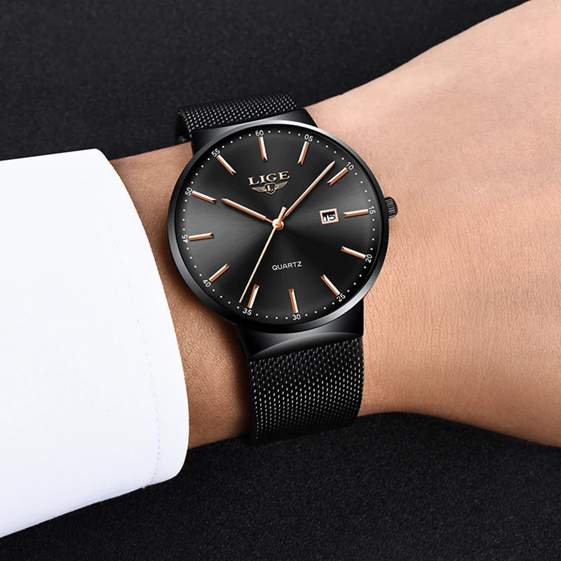LIGE men’s watch, an elegant and luxurious model, ultra-thin, water-resistant, with a mesh strap, quartz movement, date and calendar display – ideal for a professional look.