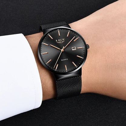 LIGE men’s watch, an elegant and luxurious model, ultra-thin, water-resistant, with a mesh strap, quartz movement, date and calendar display – ideal for a professional look.