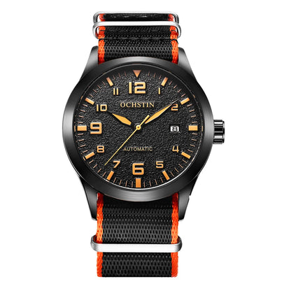 OCHSTIN Mens Fashion Luxury Mechanical Automatic Skeleton Watch Transparent Back Cover Creative Design With Yellow Calendar Dial