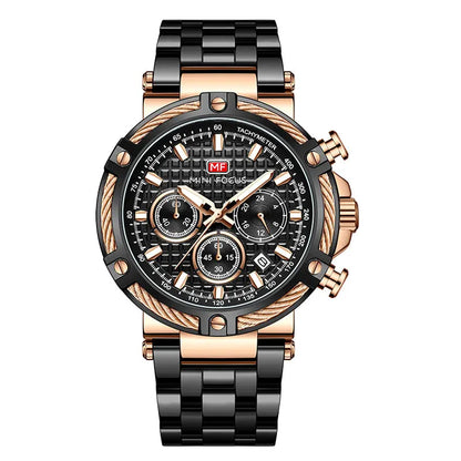 MINI FOCUS Black Stainless Steel Quartz Watch Men Fashion Luminous Dress Wristwatch with Date 24-hour Display Chronograph 0470