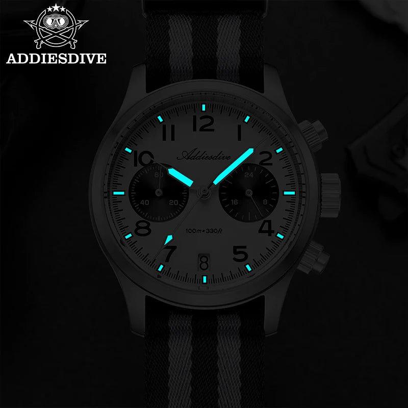 Relógio Masculino ADDIESDIVE 2025 New Panda Eye Retro Luxo VK64 Quartz, Cronógrafo Desportivo, 100M Impermeável, Luminoso