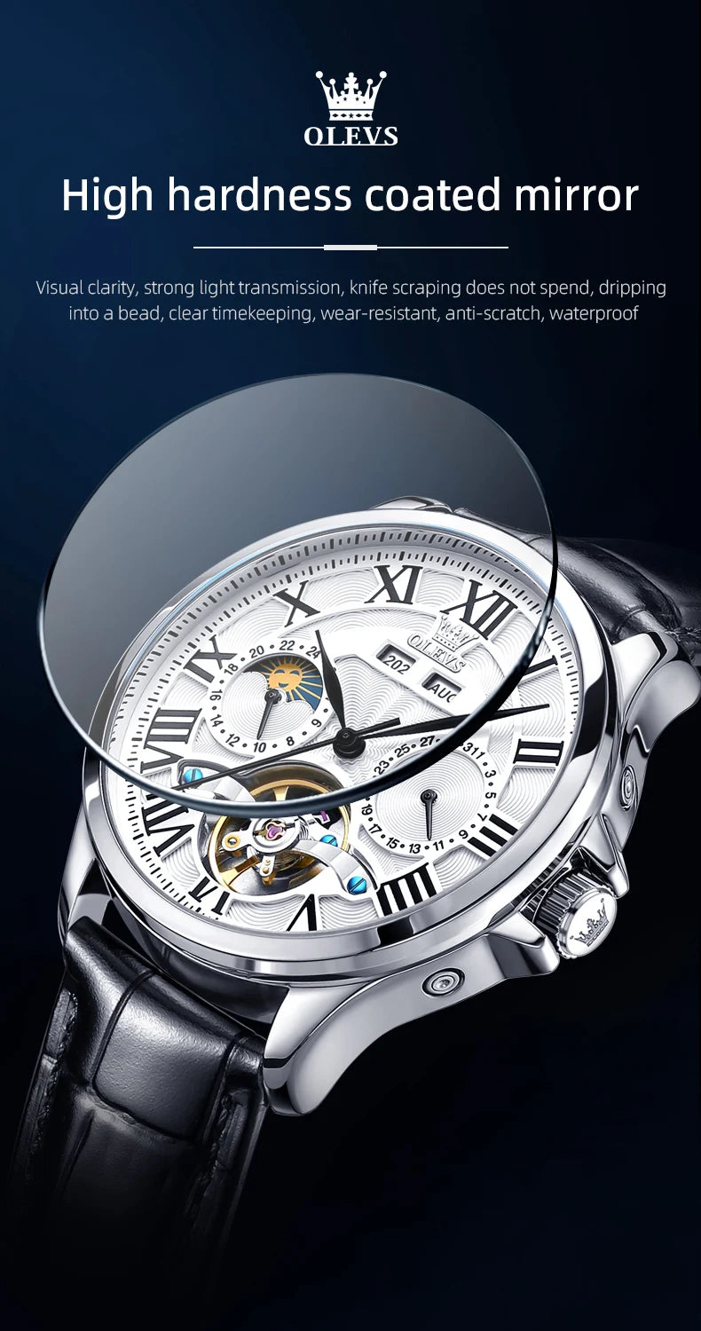 OLEVS 7013 Men's Watch Fashion Moon Phase Mechanical Watch For Men Waterproof Roman Scale Hollow Flywheel Automatic Hand Clock