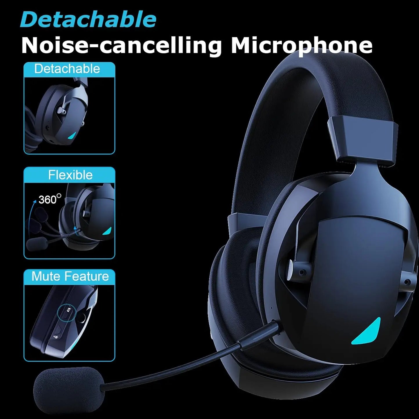 Auscultadores Gaming Sem Fios Acinaci 2.4GHz para PS5 PS4 PC Switch – Auscultadores Gaming Bluetooth com Microfone, Graves Profundos e Almofadas em Espuma Viscoelástica