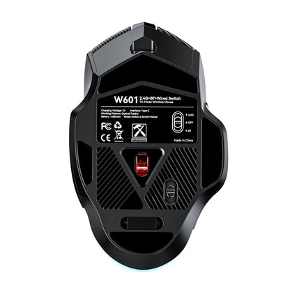 Mouse gaming tri-mode 12800DPI 2.4G Wireless Bluetooth cablato in fibra di carbonio, pulsante silenzioso, programmazione macro, 500mAh, 7 tasti