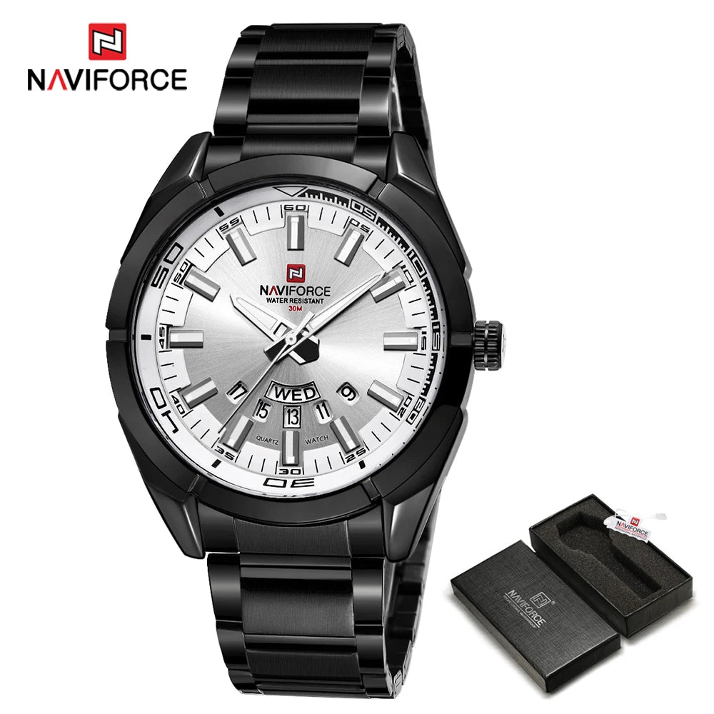 NAVIFORCE férfi karóra, teljes egészében acélból, vízálló, laza stílusú, kvarcmozgással és dátumkijelzővel – Luxus férfi karóra egy vezető márkától.