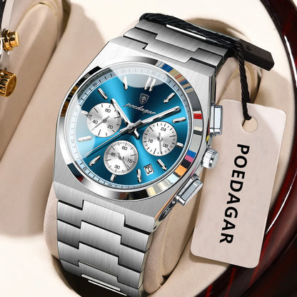 POEDAGAR Men’s Watch – Luxury stainless steel chronograph, with date, water-resistant and luminescent – Sporty quartz wristwatch