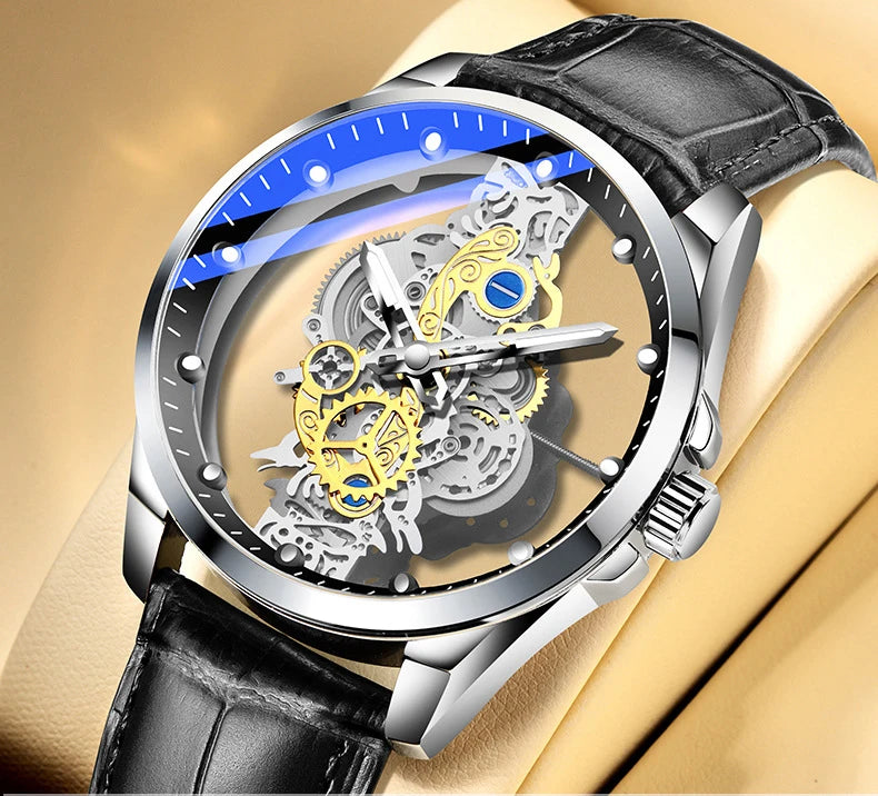 Trendy men’s watch, dual-opening model, luxury gold-tone style, imitation mechanical tourbillon, quartz movement.