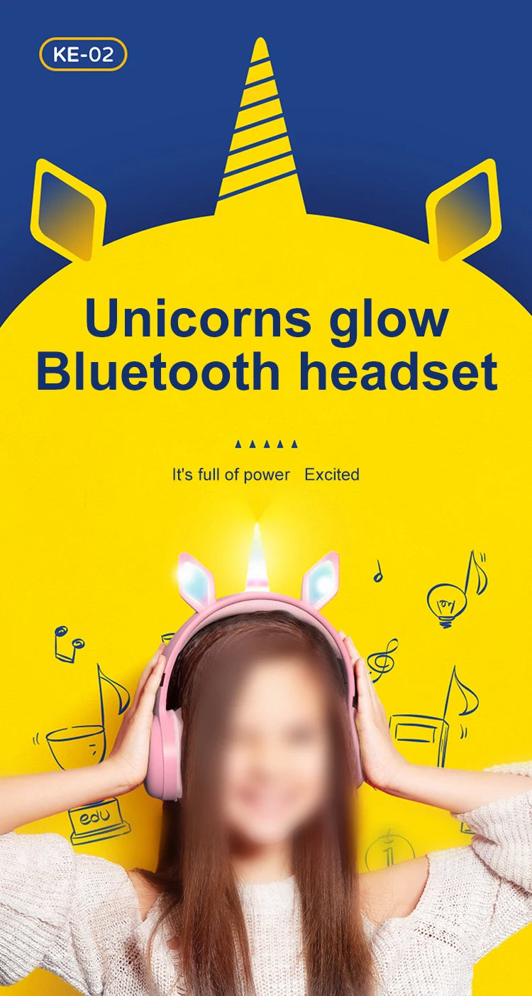 Glow Unicorn Bluetooth Headphones for Kids – LED Bunny Ear Wireless Headphones with Microphone, TF Card Slot, Over-Ear Bluetooth Headset for Gaming, Music & Mobile Devices