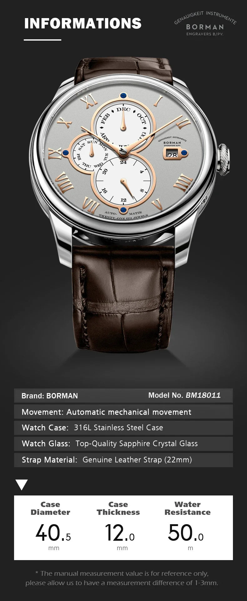 Luxury Brand BORMAN Automatic Mechanical Men's Watches Sapphire 50M Waterproof Multi-function Dial Retro Leather Clocks BM18011