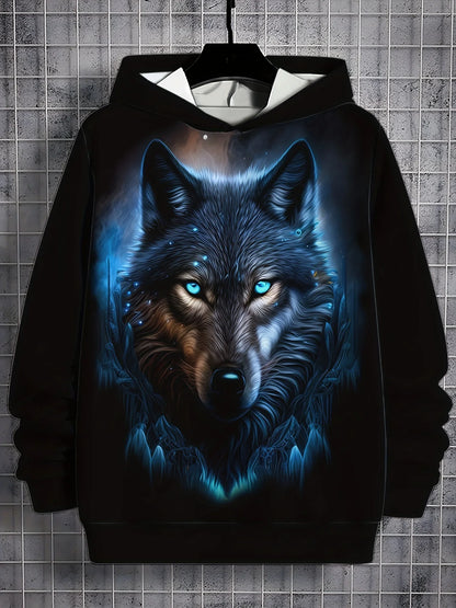 Herren-Outdoor-Hoodie mit 3D-Wolf-Grafik, Streetwear-Kapuzenpullover mit Fronttasche und Designer-Sweatshirt-Stil