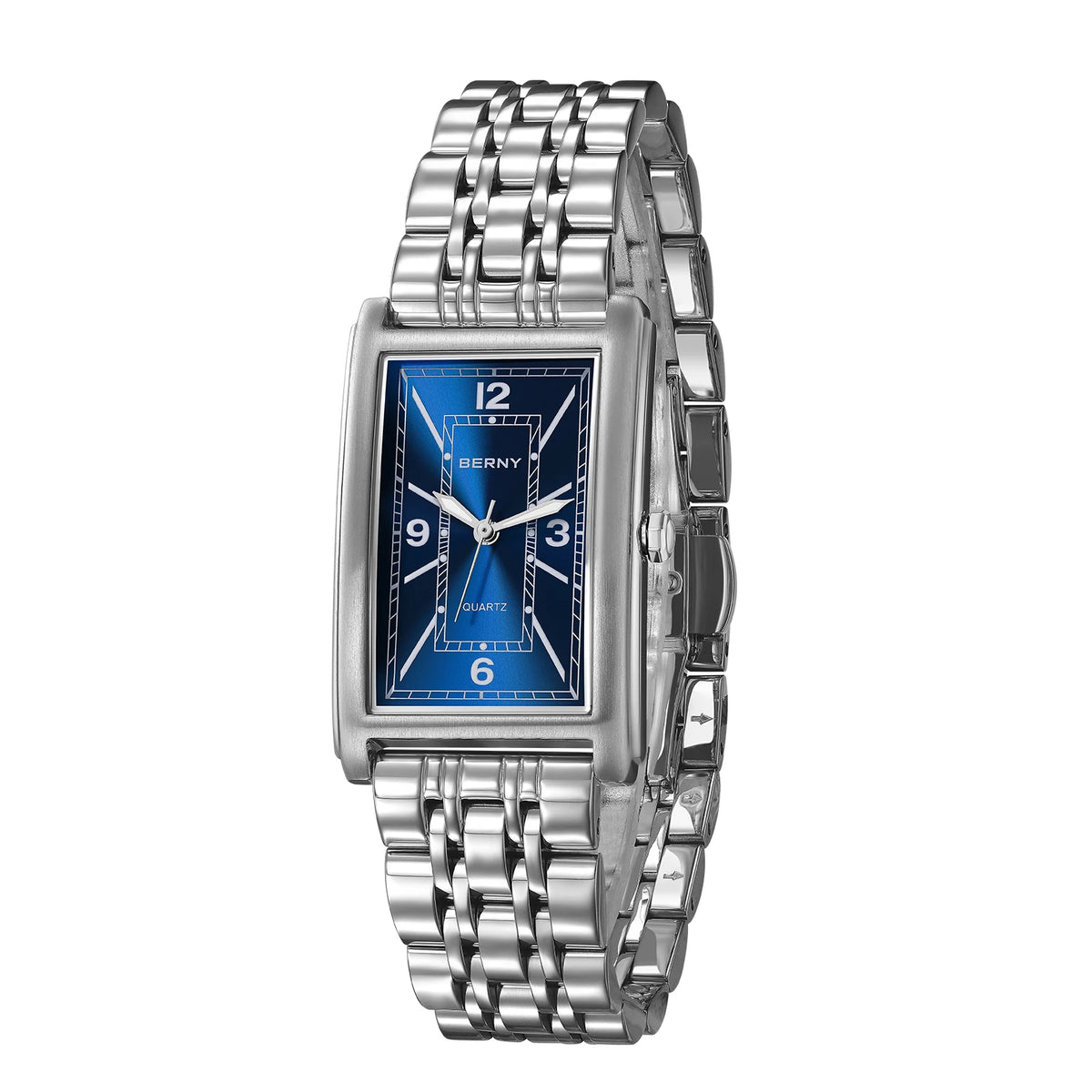 BERNY square men’s watch – Quartz movement, Roman numeral dial, luminescent display, 316L stainless steel case – An elegant and casual rectangular watch