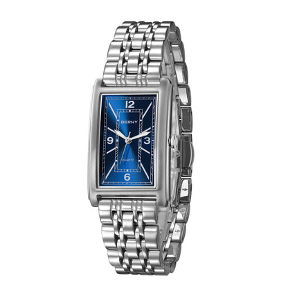 BERNY square men’s watch – Quartz movement, Roman numeral dial, luminescent display, 316L stainless steel case – An elegant and casual rectangular watch
