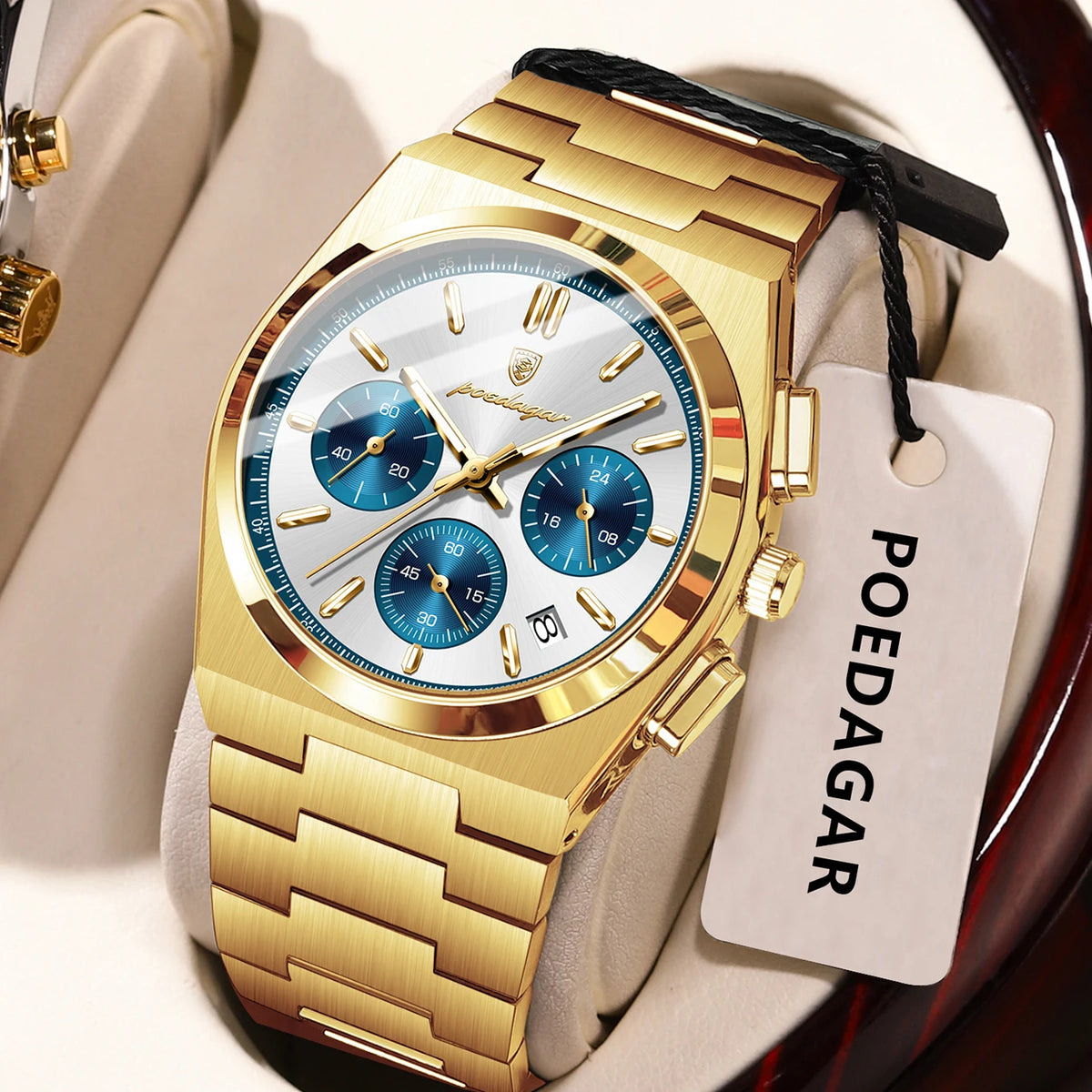 POEDAGAR Men’s Watch – Luxury stainless steel chronograph, with date, water-resistant and luminescent – Sporty quartz wristwatch
