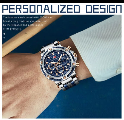 MINI FOCUS Black Stainless Steel Quartz Watch Men Fashion Luminous Dress Wristwatch with Date 24-hour Display Chronograph 0470