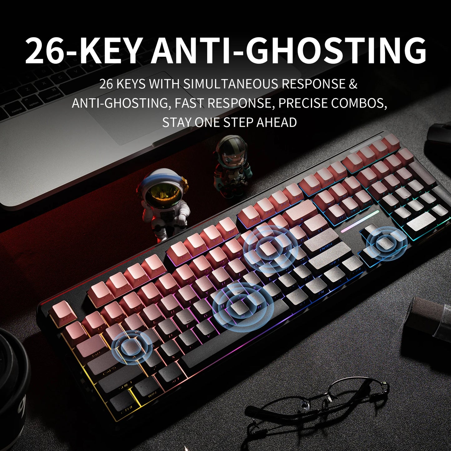 V108 Pro Bluetooth-Tastatur Büro, geräuscharm, 2.4G kabelgebunden & kabellos, vollständiges Layout mit RGB-beleuchteter Membran